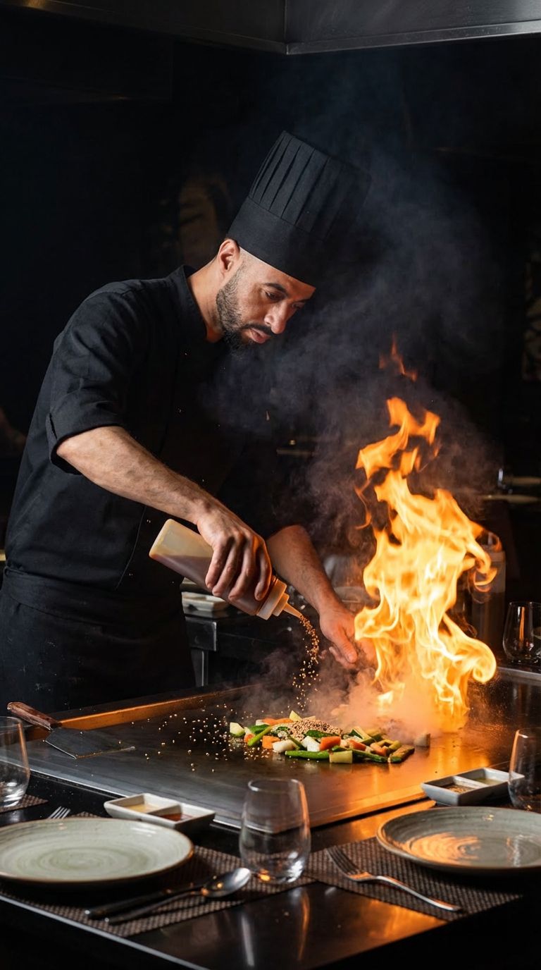 Chef flame-searing fresh vegetables on the teppanyaki grill