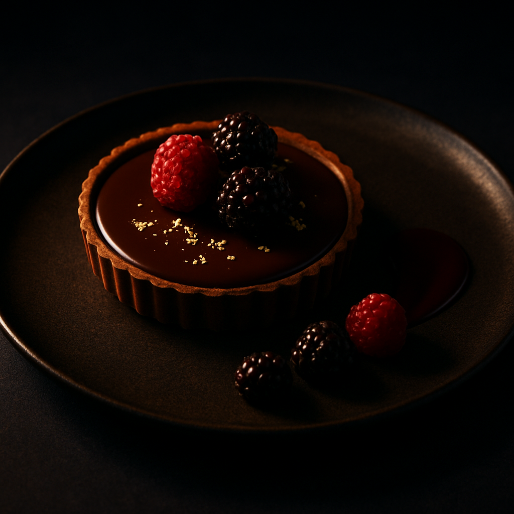 Chocolate tart with gold leaf and berries