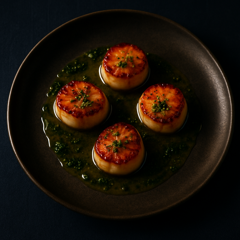 Seared scallops plated with herb oil
