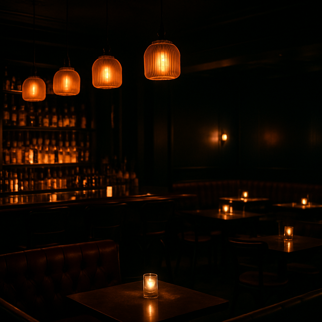 The warm, candle-lit interior of The Anchor Kitchen & Bar at night