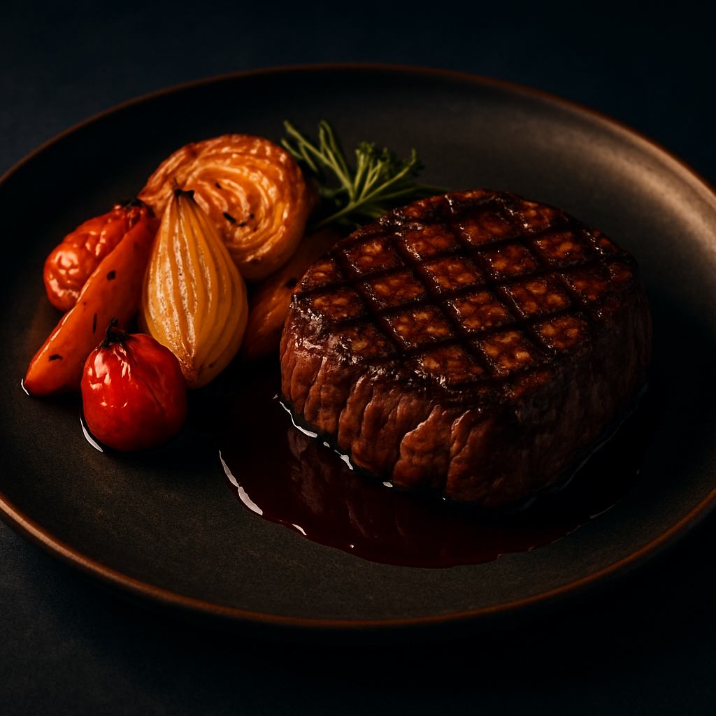 Grilled steak with roasted vegetables and red wine jus